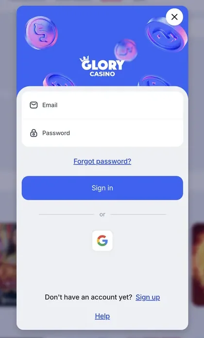 Tela de login do Glory Casino Brasil com campos de e-mail e senha