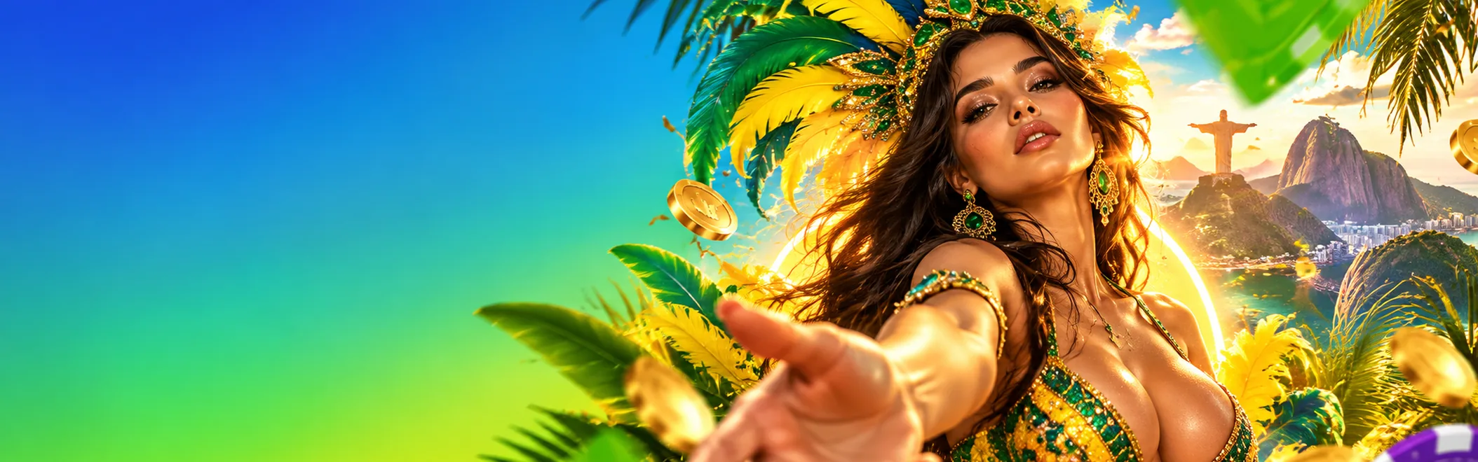 Passista com cocar verde e amarelo e a paisagem do Rio de Janeiro, Glory Casino Brasil